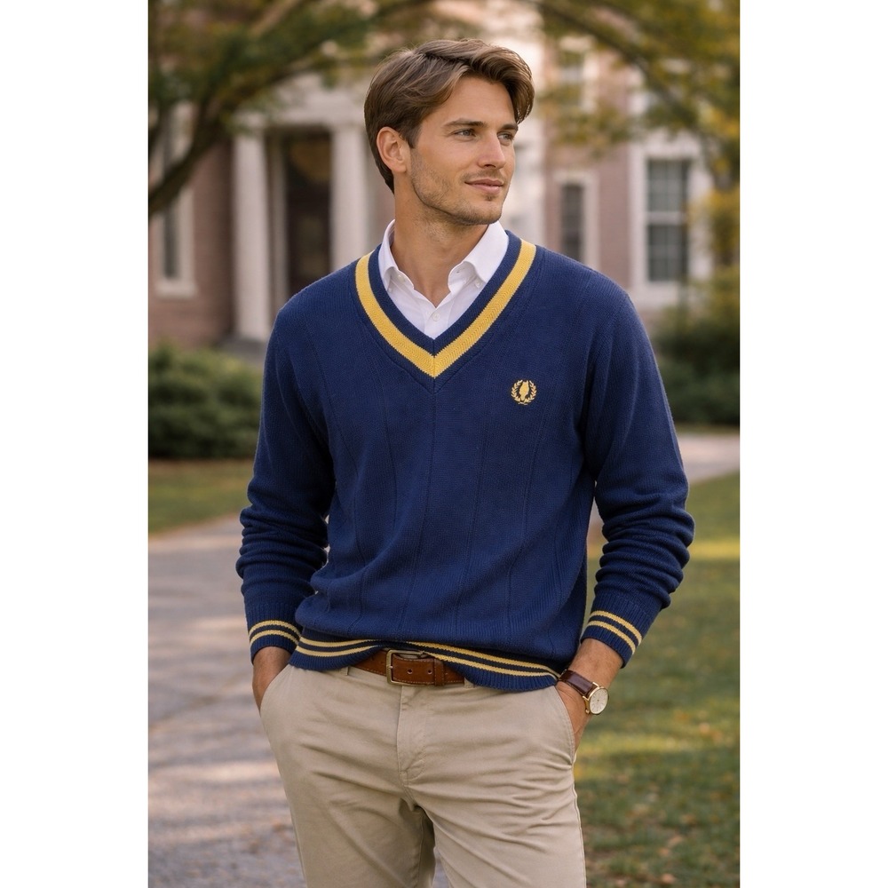 Vintage Jantzen Mens Sweater Blue Yellow V Neck Knit USA Made Size‎ M